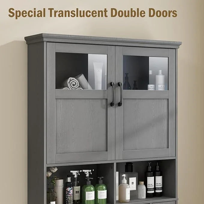 Over The Toilet Storage Cabinet With Double Doors & Paper Holder Stand, Freestanding Shelf Space Saver, Anti-Tip Design & Adjustable Shelf, Natural Grey - ModernBath