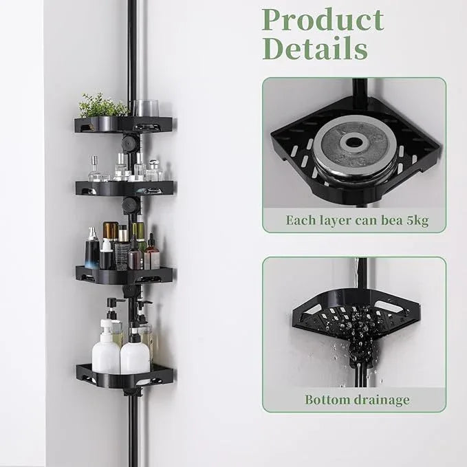 akinbas Tension Pole Shower Caddy Organizer with4 Tier L-Shaped Rust Resistant Bathroom Corner Shelves with 34-124 Inch Adjustable No Drilling Quick Install Shower Rack for Bath Essentials (Black) - ModernBath