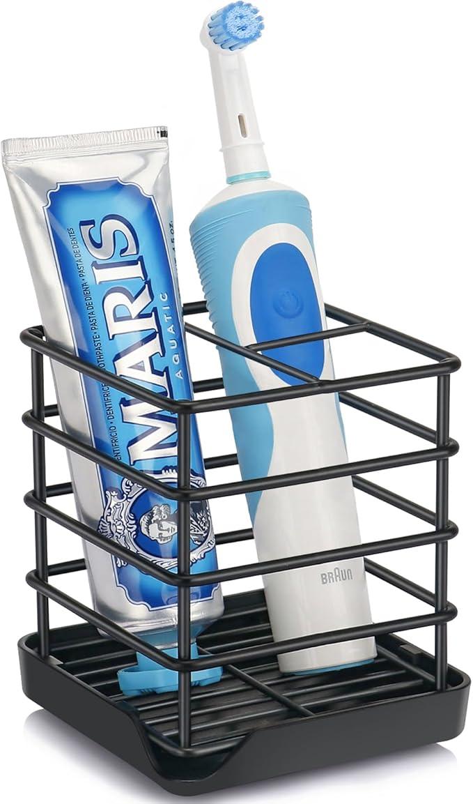 Toothbrush Holders for Bathrooms, Stainless Steel Bathroom Toothbrush Holder Kids Electric Tooth Brushing Holder Stand and Toothpaste Holder for Bathroom Accessories Organizer with Tray, Black (Small) - ModernBath