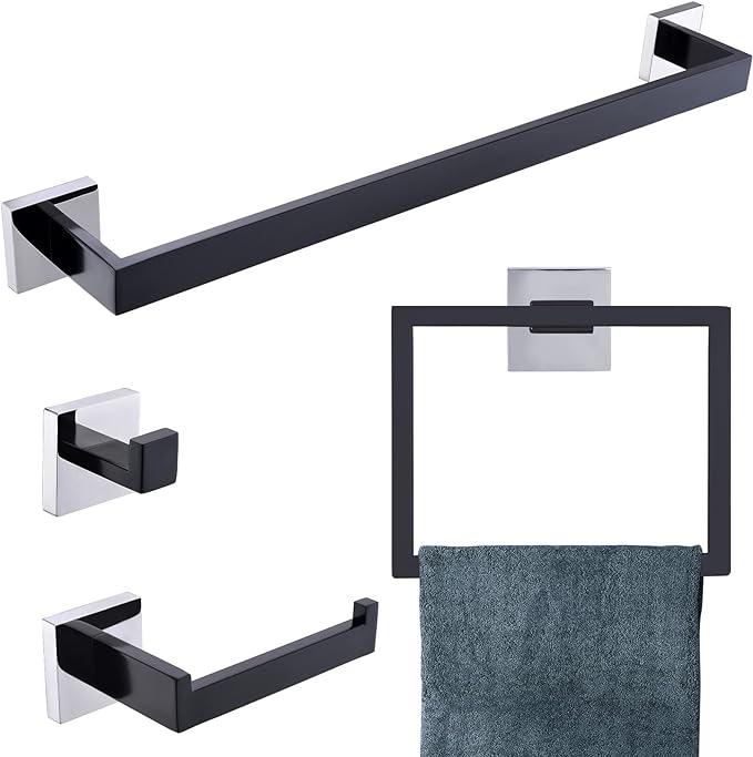 Bathroom Towel Bar Holder Sets Black and Polished 4-Piece Bathroom Hardware Set Stainless Steel Bath Accessories Kit. Wall Mounted,23.6 Inch - ModernBath
