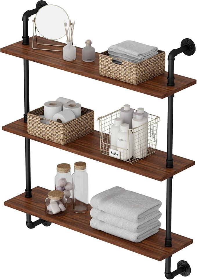 3-Tier Industrial Pipe Floating Shelf – Rustic 30 inch Wood Wall-Mounted Storage Shelf for Kitchen Office,Bathroom & Home Decor -Walnut - ModernBath