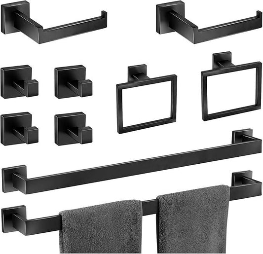 Bathroom Hardware Accessories Set 10 Pieces Matte Black Towel Bar Set 24 Inch, Towel Rack Rings Stainless Steel Bath Coat Hooks Wall Mounted Toilet Paper Holder - ModernBath
