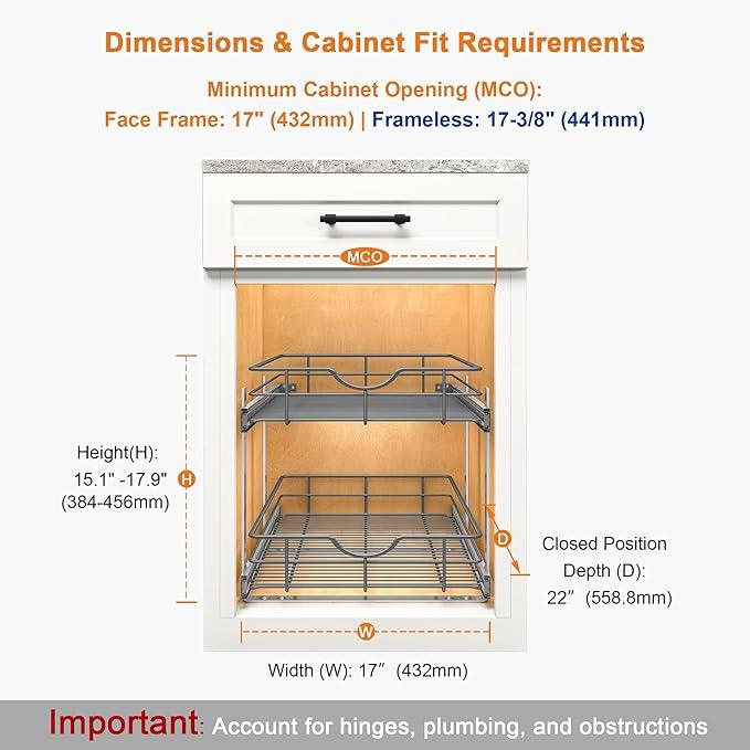 ALINE FURNITURE 2-Tier Pull Out Cabinet Organizer - 17" W x 22" D Soft Close Pullout Shelves with Shelf Liners - Slide Out Drawers for Kitchen Cabinets, Pantry, Bathroom, Heavy Duty Steel Wire Baskets - ModernBath