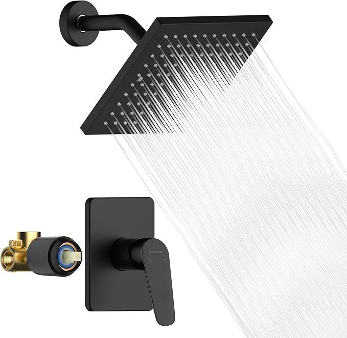 Lavatrum Premium Shower Head and Valve Set Wall Mount 8 Inch Rainfall Square Shower Faucet Single Spray with Rough-in Valve and Trim Kit for Bathroom(Matte Black) - ModernBath