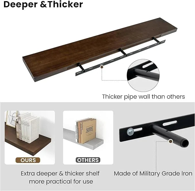 Vivelove Solid Wood Rustic Floating Shelves 36 Inch Long, 8 inch Deep Floating Wall Shelves for Living Room Kitchen Bedroom Bathroom Office, Farmhouse Home Decor, 1 Pack, Dark Walnut, Pine Wood - ModernBath