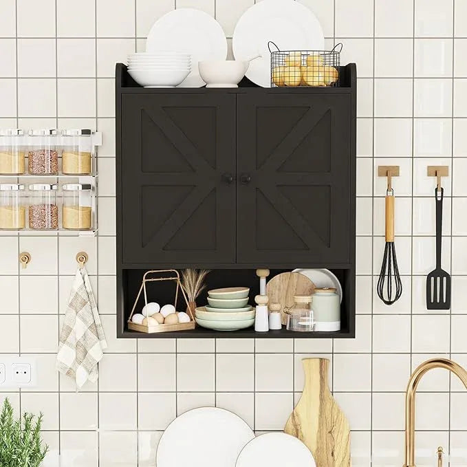 EasyCom 22" W x 26" H Bathroom Wall Cabinet, Farmhouse Medicine Cabinet with Adjustable Shelves and Double Barn Doors, Over The Toilet Storage Cabinet for Bathroom, Kitchen, Living Room, Black - ModernBath