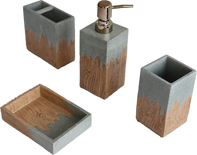Hymmah Bathroom Accessories Set,Wooden Design Toothbrush Holder,Farmhouse Bathroom Decor,4 Pcs Resin Gift Set Apartment Necessities, Contain Toothbrush Cup,Soap Dispenser,Soap Dish,Tumbler - ModernBath