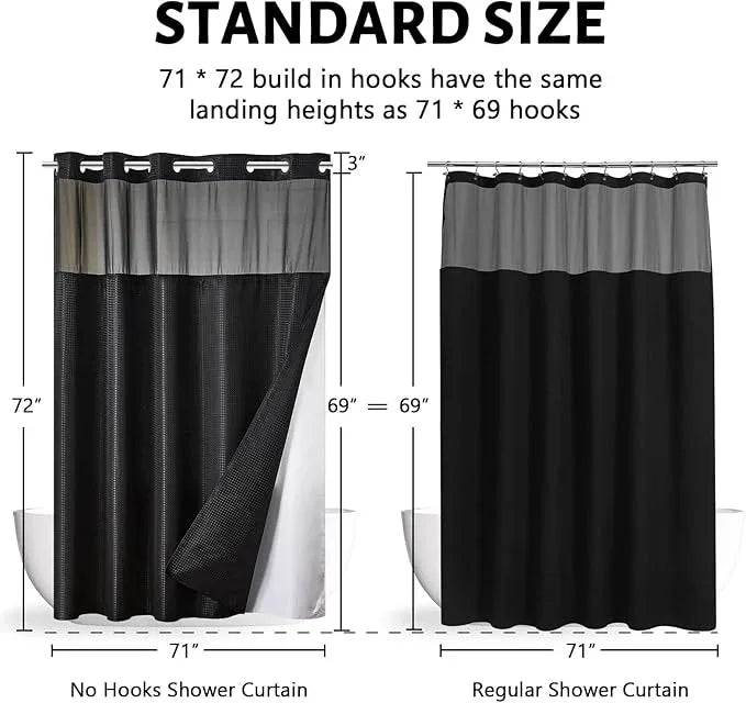 Black No Hook Double Shower Curtain Set with Snap in Liner,Heavy Duty Waffle Weave Textured Fabric Bathroom Curtains with See Through Window,Machine Washable & Waterproof,Hotel Qulity,71x72 Inch - ModernBath