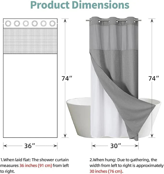 eachope Grey No Hook Waffle Weave Shower Curtain with snap-in Liner Replacement, 230GSM Waterproof Fabric Hotel Shower Curtain Set for Bathroom, Through Mesh Top Window,36Wx74H - ModernBath