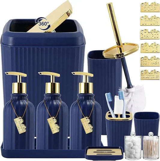 WSBArt 17PCS Bathroom Accessory Set Bathroom Set Navy Blue Bathroom Accessories,Toilet Brush, Trash Can, Qtip Holder Dispenser& 3PCS Soap Dispenser - ModernBath