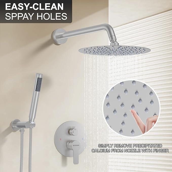 12-Inch Brushed Nickel Shower System: Ultimate High-Pressure Experience with Rainfall & Handheld Heads, Wall-Mounted Mixer, Rough-In Valve, & Trim Kit - ModernBath
