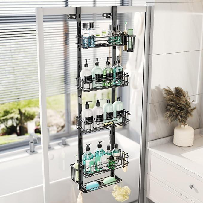 HapiRm 5 Tier Over the Door Shower Caddy, Hanging Shower Caddy with 28 Hooks and 2 Toothbrush Holders, No Drilling Adjustable Hanging Bathroom Organizer - Black - ModernBath