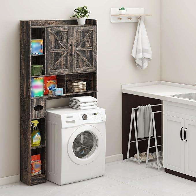 Over The Toilet Storage Cabinet, Farmhouse Storage Cabinet Over Toilet with 2 Barn Doors & Toilet Paper Holder Stand，Home Space-Saving Toilet Rack, for Bathroom, Restroom, Laundry - ModernBath