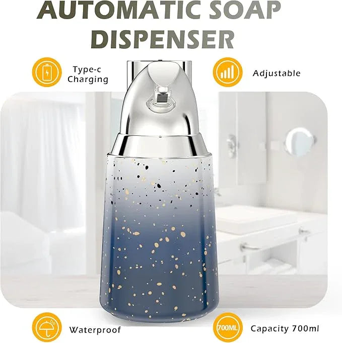 Greatmay Adjustable Automatic Soap Dispenser Touchless, Ceramic Material，4 Adjustable Levels， Type-c Rechargeable Operated Sensor Liquid Soap Pump，Touch-Free Hand Sanitizer Dispenser (Starry Silver) - ModernBath