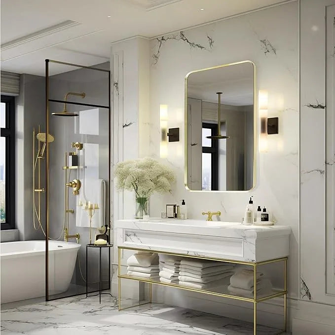Minuover Wall Mount Mirror for Bathroom, Brushed Gold Metal Framed Rounded Corner Rectangular Vanity Mirror (24" x 30", Gold) - ModernBath