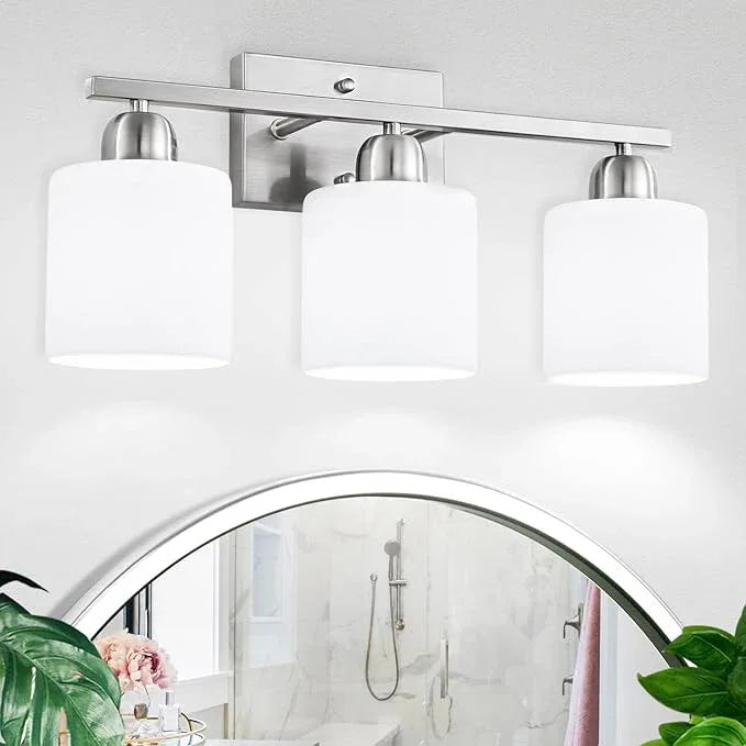 Brushed Nickel Bathroom Light Fixture, 3 Light Vanity Lights for Bathroom, Bath Lights with Milky White Frosted Glass Shades, E26 Socket - ModernBath