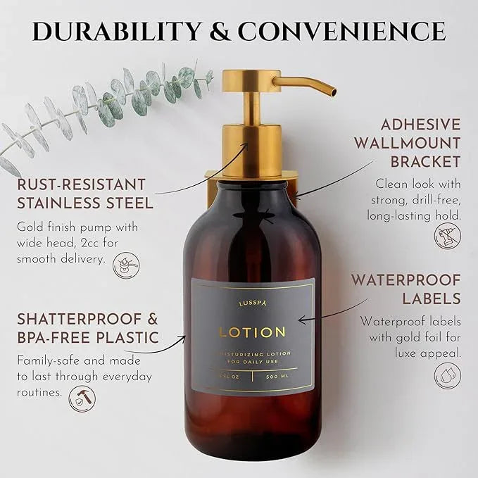 Shampoo & Conditioner Dispenser - Shower Soap Dispenser Wall Mounted - Set of 3 16.9 Oz Plastic Bottles with Pump & Holder - Shampoo Dispenser - Shower Dispenser Chamber No Drill (3 X Amber/Gold) - ModernBath