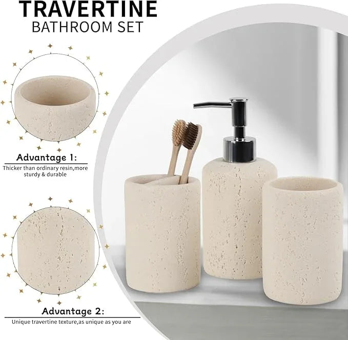 Bathroom Accessories Set,4 Piece Travertine Stone Look Bathroom Accessory Set with Soap Dispenser,Toothbrush Holder,Vanity Tray,Tumbler,Bathroom Organizer for Modern Bathrooms - Beige - ModernBath
