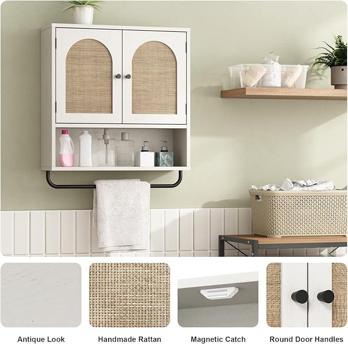 RUSTOWN Rattan Bathroom Wall Cabinet, Boho Medicine Cabinet with 2 Arched Doors, Farmhouse Over The Toilet Storage Cabinets with Adjustable Shelves & Towel Bar, 3-Tier Wall Mounted Cabinets - ModernBath
