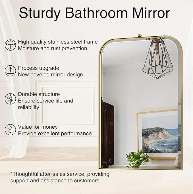 POZINO Brushed Gold Beveled Mirror, 20"x30" Arched Mirror for Over Sink, Rounded Rectangle Mirrors with Stainless Steel Frame, Brass Vanity Wall Mirrors for Bathroom Bedroom Living Room Entryway - ModernBath