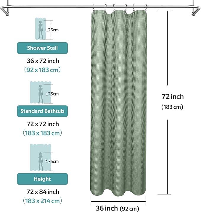 Vipfree 3 in 1 Shower Curtain Set, Waffle Shower Curtain and Liner Set with 6 Double Sided Shower Curtain Hooks, 258GSM Luxury Weighted Cloth Shower Curtains for Bathroom, 36 W x 72 H, Sage Green - ModernBath