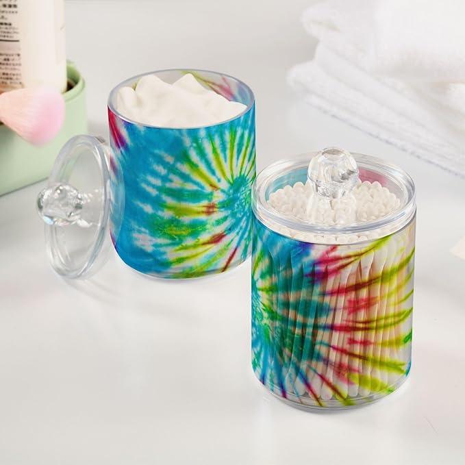 Qtip Holder Bathroom Set Q tip Cotton Ball Swab Pad Dispenser Container Organizer Plastic Jars with Lids Storage 2Pack Multicolor Tie Dye - ModernBath