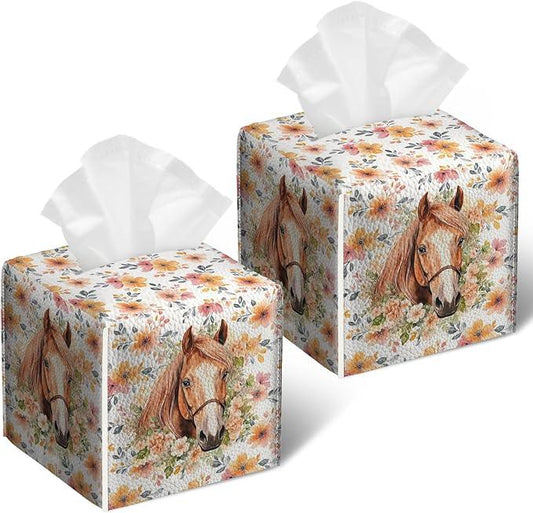 Horse Floral Tissue Box Cover 2PCS, Leather Tissue Box Holder Square Facial Paper Case Tissue Box Cube Organizer for Bathroom Bedroom Desk Office - ModernBath