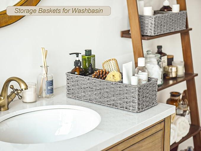 StorageWorks 3-Section Wicker Baskets for Shelves, Hand-Woven Round Paper Rope Storage Baskets, Gray, 2-Pack - ModernBath