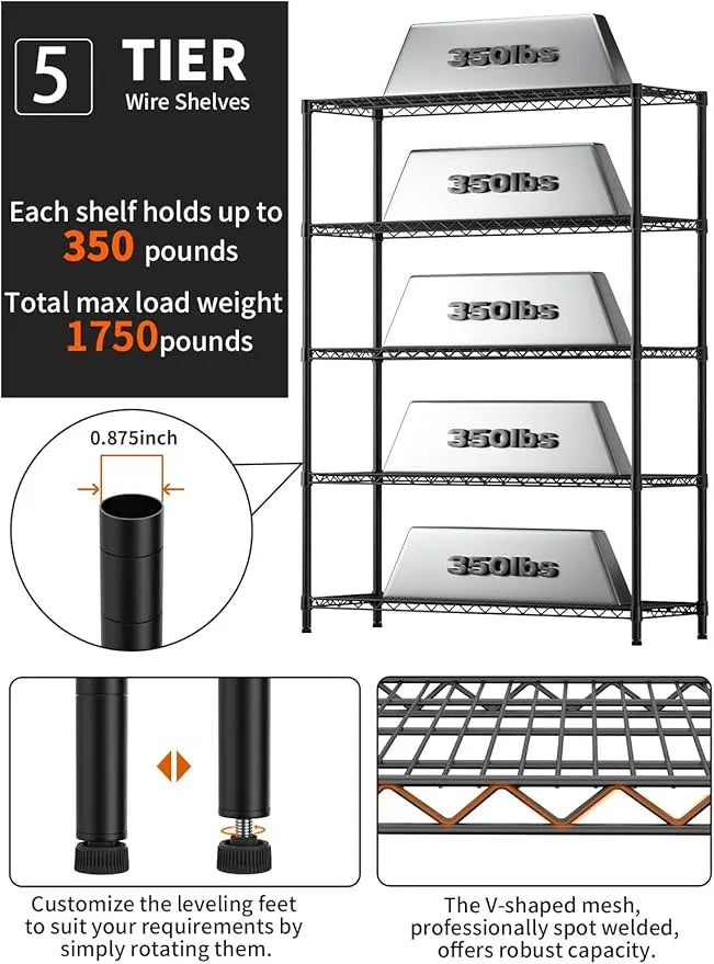 5 Tier Adjustable Storage Shelves Heavy Duty Metal Utility Shelf 1750LBS Capacity Wire Shelving Unit Organizer Rack for Home Kitchen Garage Pantry Room 18" D x 46" W x 77" H Black - ModernBath