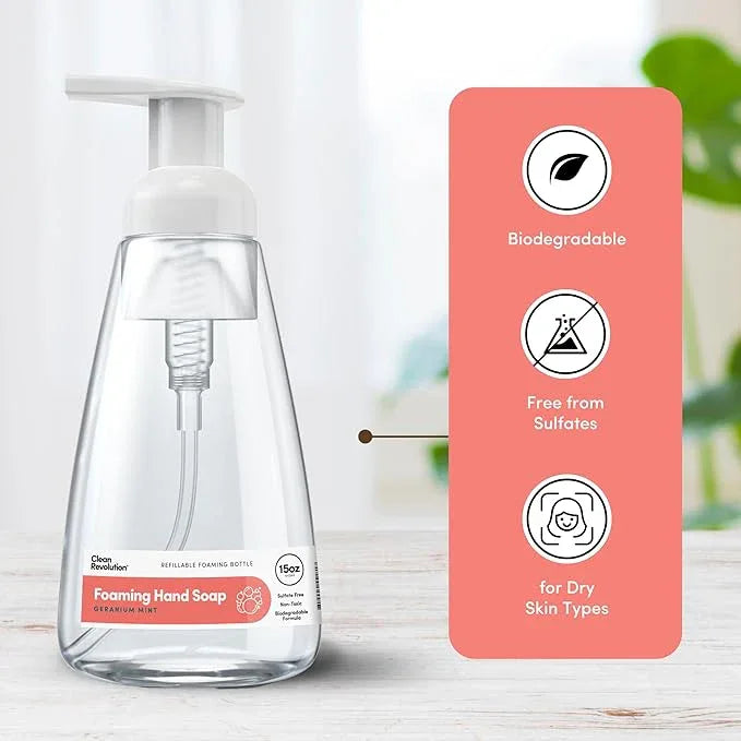 Clean Revolution Foaming Hand Soap, Gentle, Moisturizing, Ready To Use Formula, Real Essential Oils, Gluten Free, Geranium Mint, 15.25 Fl Oz - ModernBath