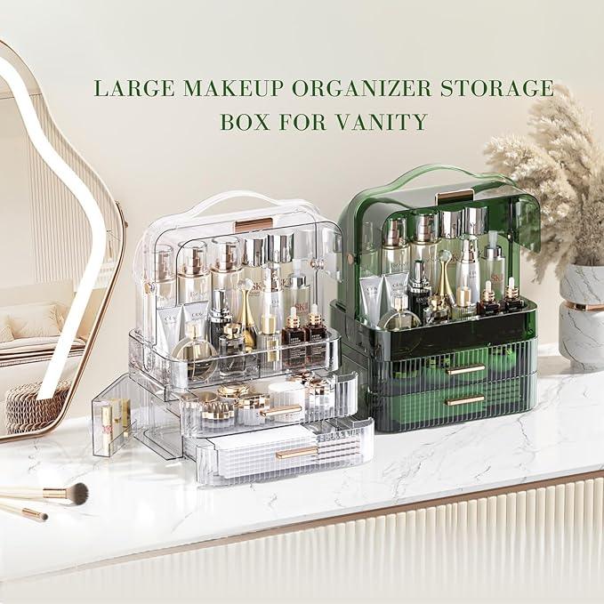 LINFIDITE Cosmetics Storage Box Transparent Lid Large Makeup Organizer Box Drawers Portable Handle Waterproof Dustproof Skincare Display Cases for Countertop, Bathroom, Dresser,Gift Clear Green - ModernBath
