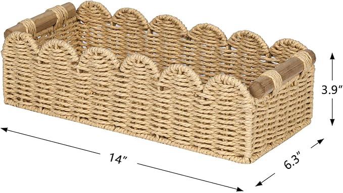 CubesLand Scalloped Edge Toilet Paper Storage Basket, Living Room Home Cozy Decor Basket, Paper Rope Small Baskets for Over Toilet Storage Shelf, End Table, Shelves, with 2 Wooden Handles, Beige - ModernBath