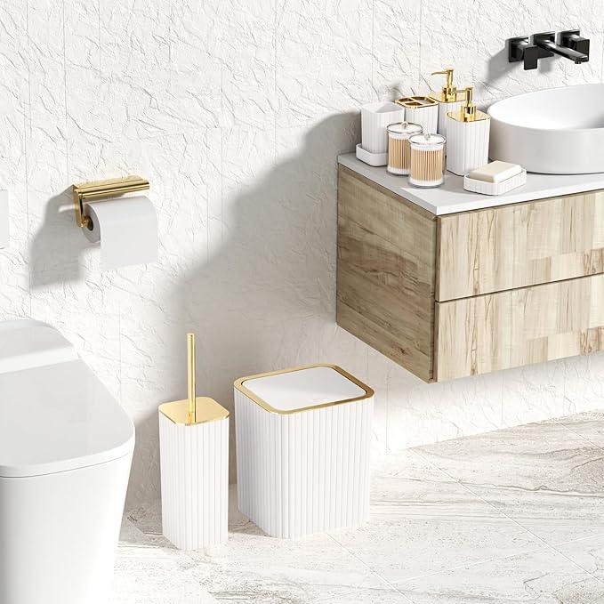 XLHOMO Bathroom Accessories Set - Gorgeous Bathroom Set, 10PC White Bathroom Accessory Set, Toilet Brush, Trash Can, Qtip Holder Dispenser & Soap Dispenser - ModernBath
