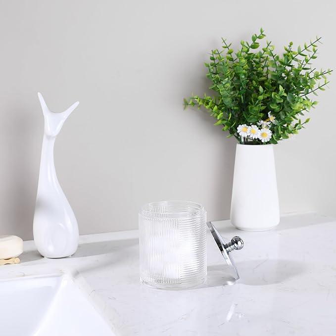 Indecor Home Clear Transparent Apothecary Ribbed Geometric Etched Glass Jar W/Silver/Chrome Metal Lid Cover for Bathroom Organization, Cotton Balls, Q Tips, and Small Accessories, Bathroom Storage - ModernBath