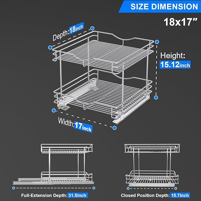 FULGENTE Chrome Finish 2 Tier (17" W X 18" D) Pull Out Drawer Cabinet Organizer Heavy Duty Slide Out Pantry Shelves Sliding Basket Storage For Home Kitchen Bathroom Under Sink Organization - ModernBath