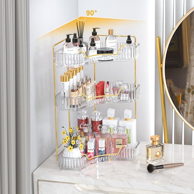 GTI 3-Tier Corner Bathroom Counter Organizer, Large Capacity Makeup Organizer Countertop, Perfume Cosmetics Skincare Vanity Organizers, Exquisite Countertop Storage for Women (Clear) - ModernBath