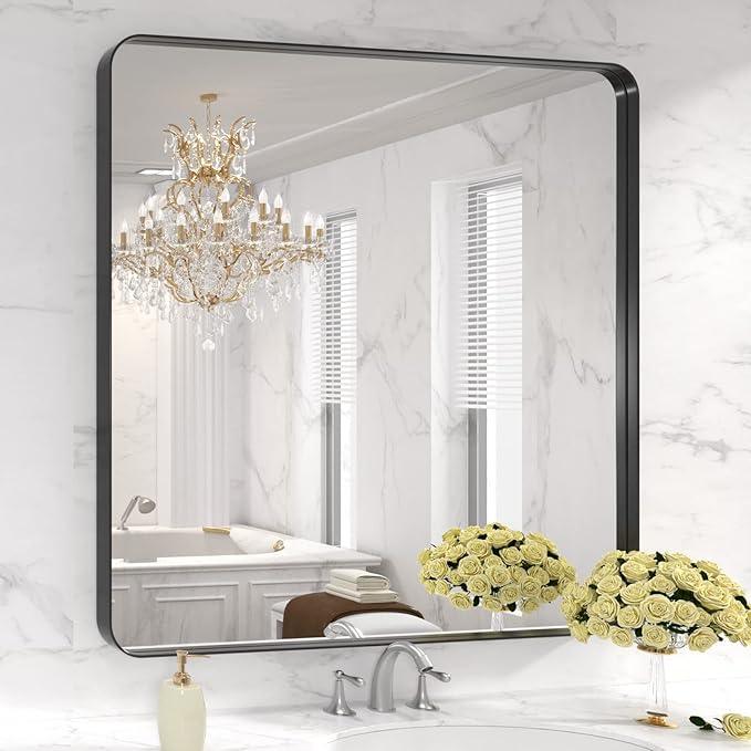 LOAAO 36X36 Inch Black Metal Framed Bathroom Mirror for Wall, Matte Black Bathroom Vanity Mirror Farmhouse, Anti-Rust, Tempered Glass, Hangs Horizontally or Vertically - ModernBath