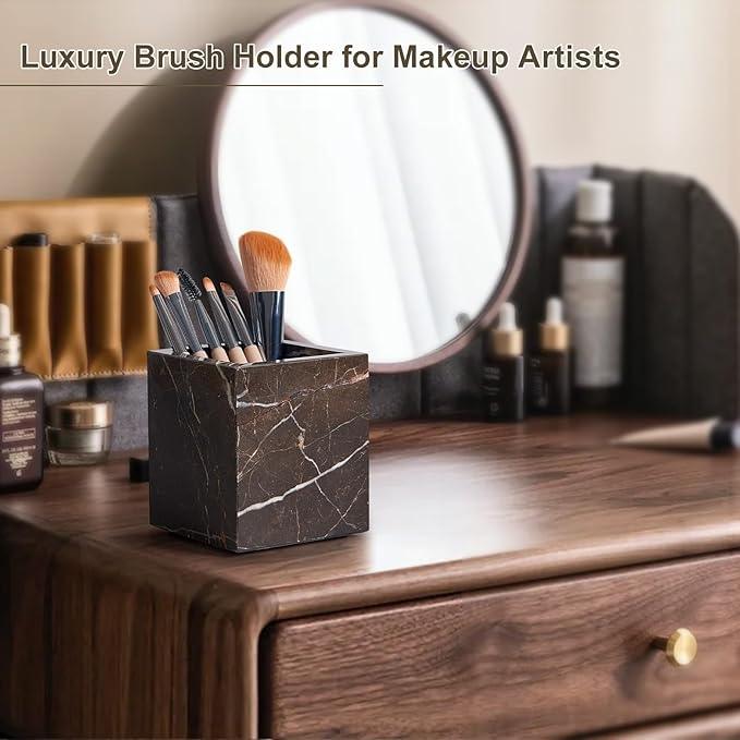 Real Natural Travertine Marble Toothbrush Holder & Pen Holder & Makeup Brush Holder & Utensil Holder, Genuine Stone Rectangular Bathroom Tumbler Cup, Durable Office & Home Countertop Organizer - ModernBath