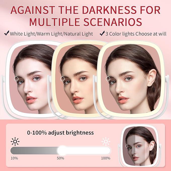 Lighted Makeup Mirror, 2600mAh Rechargeable 1x/10x Magnifying Vanity Mirror, 8.5" Height Adjustable Makeup Mirror with Lights 3 Color, 360° Rotation 2-Sided Light up Large Desk Mirror, Gifts for Women - ModernBath