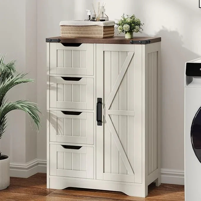 Vabches Farmhouse Bathroom Cabinet, Freestanding Storage Cabinet with 4 Drawers and 1 Door, Rustic Storage Organizer with Adjustable Shelf for Bathroom, Living Room, Entryway,White - ModernBath
