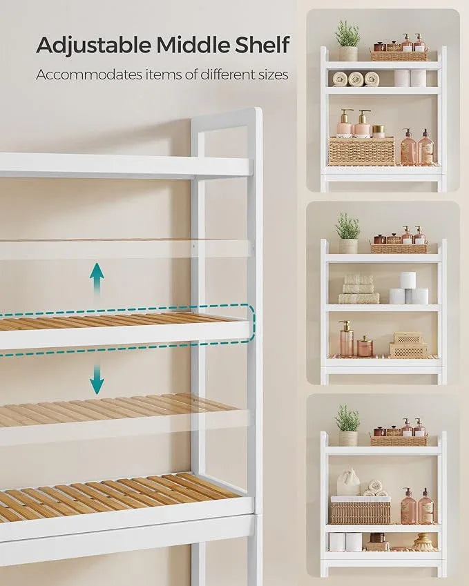 SONGMICS Over The Toilet Storage, 3-Tier Over Toilet Bathroom Organizer with Adjustable Shelf, 10.2 x 24.8 x 66.9 Inches, Space-Saving, Cloud White and Natural Beige UBTS001W02 - ModernBath