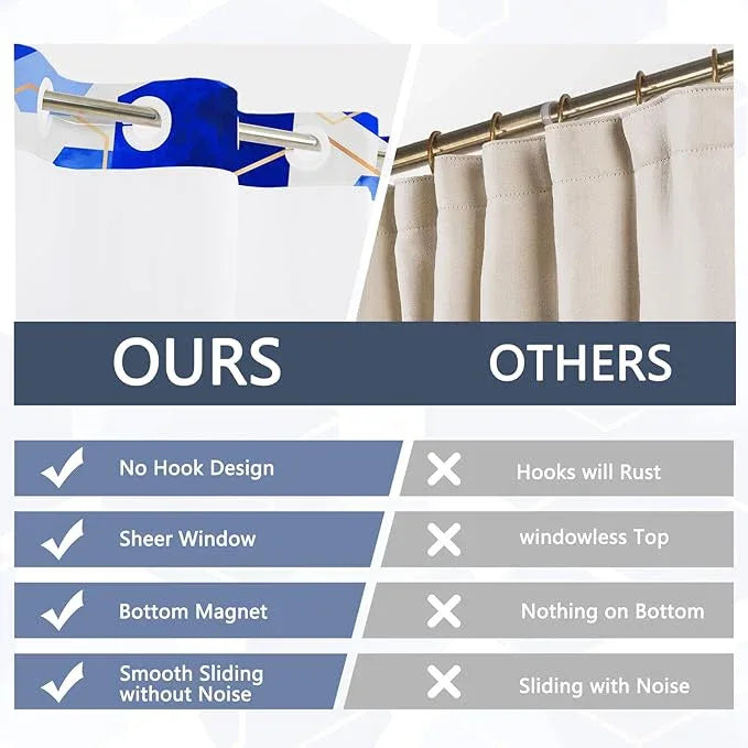 NAEMBCU No Hook Geometric Shower Curtain with Snap-in Liner, Blue and Gold Hexagons Bath Curtain with See Through Top, Waterproof Double Layer for Bathroom Decor, 71 x 74 Inch - ModernBath