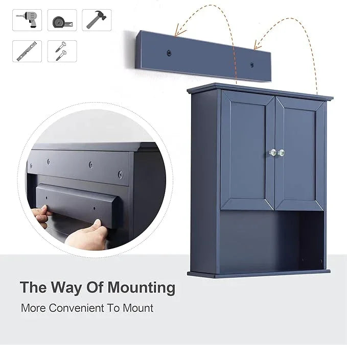 Bathroom Wall Cabinet Navy Blue Over Toilet Storage Cabinets 24x30 in Above Toilet Wood Medicine Cabinets Wall Mounted Bathroom Cabinet with 2 Door & Adjustable Shelf - ModernBath