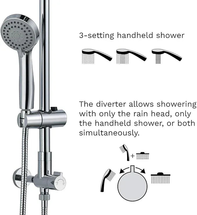 Fennocasa Polaris 1 Rain Shower System, includes 8” Rainfall Shower Head with High Pressure Handheld Combo, 3-Setting Handheld Spray, Height Adjustable Spray Holder, 60” Hose (Chrome) - ModernBath