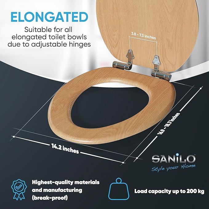 SANILO Wooden Toilet Seat with Soft Close [ELONGATED] - Decorative, Quiet & Slow Close Molded Wood Seat - With Strong Bumpers & Hinges - Adjustable Fit - Wood - ModernBath