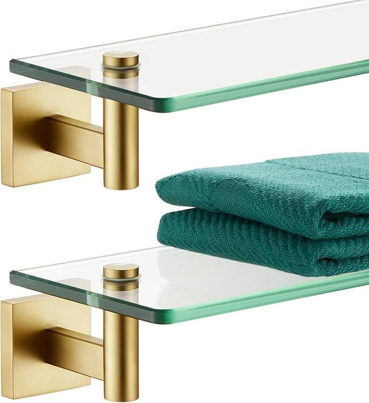 KOKOSIRI Wall Shelves Floating Shelf 20'' Gold Stainless Steel Bathroom Hardware Tempered Glass Hanging Rack Storage/Room Decor 2 Pack B1105BG-L20-P2 - ModernBath