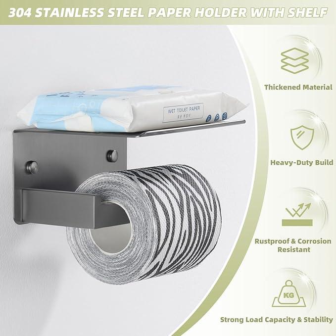 APLusee Toilet Paper Holder with Phone Shelf Gunmetal Gray, 304 Stainless Steel Rustproof Wall Mounted Heavy-Duty, Space-Saving for Modern Bathrooms - ModernBath