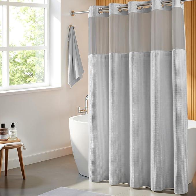 River Dream Gray Fabric Shower Curtain Set, Cotton Blend, Waffle Weave, with Snap in Replacement Liner，71 x 74 inches - ModernBath