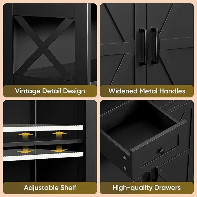 SUPER DEAL Farmhouse Storage Cabinet, Bathroom Floor Cabinet Kitchen Pantry with Doors and Drawers, Hutch Cupboard for Living Room, Bedroom, Laundry, Black - ModernBath