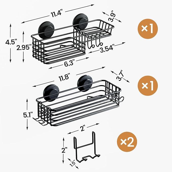 LEVERLOC Shower Caddy Suction Cup, 2 Pack suction shower shelf with Hooks & Soap holder, NO-Drilling Bathroom Holder, Rustproof bathroom organizer, Black - ModernBath